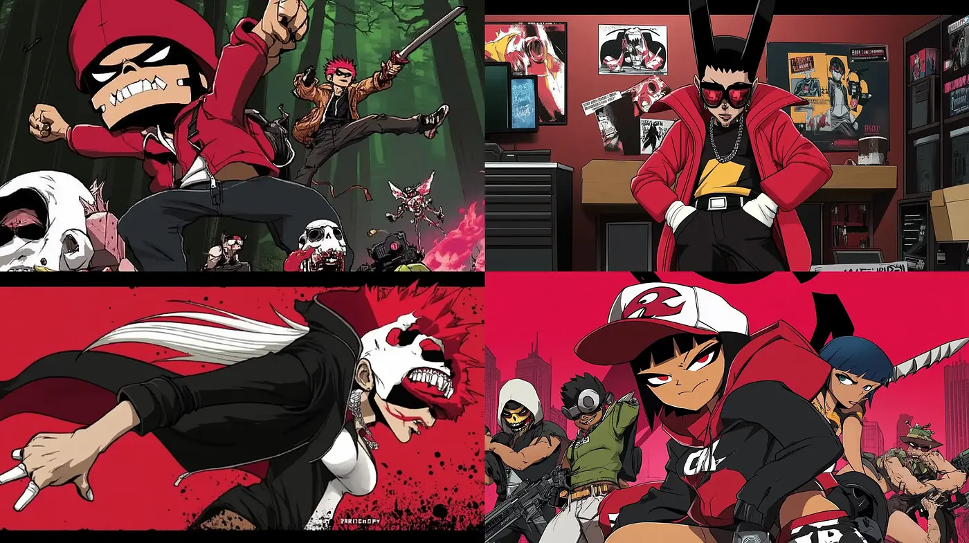 Dynamic Anime-Inspired Action with Bold Contrasts and Red Accents - Midjourney sref style
