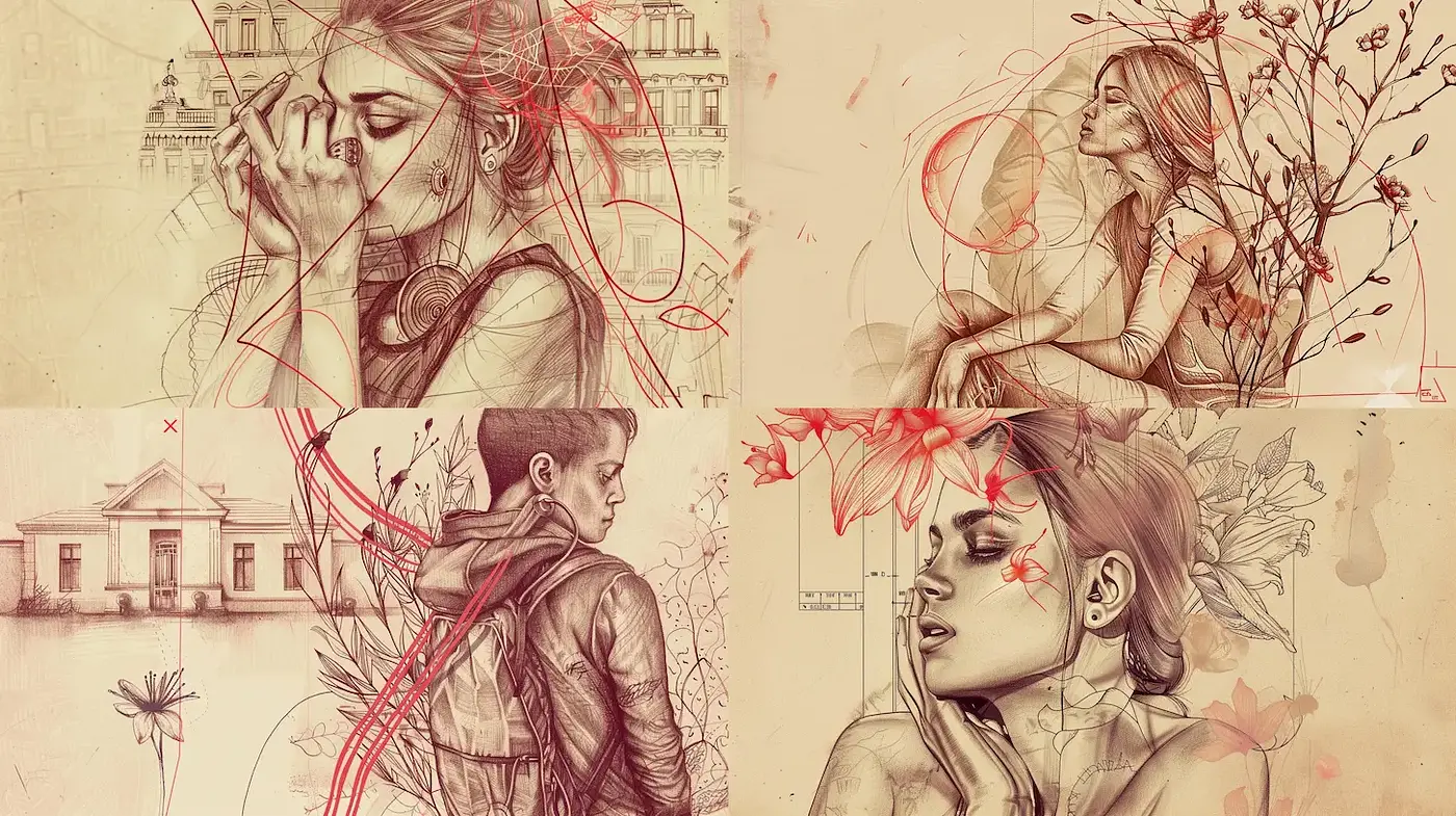 Elegant and emotive contemporary illustration with intricate linework - Midjourney sref style