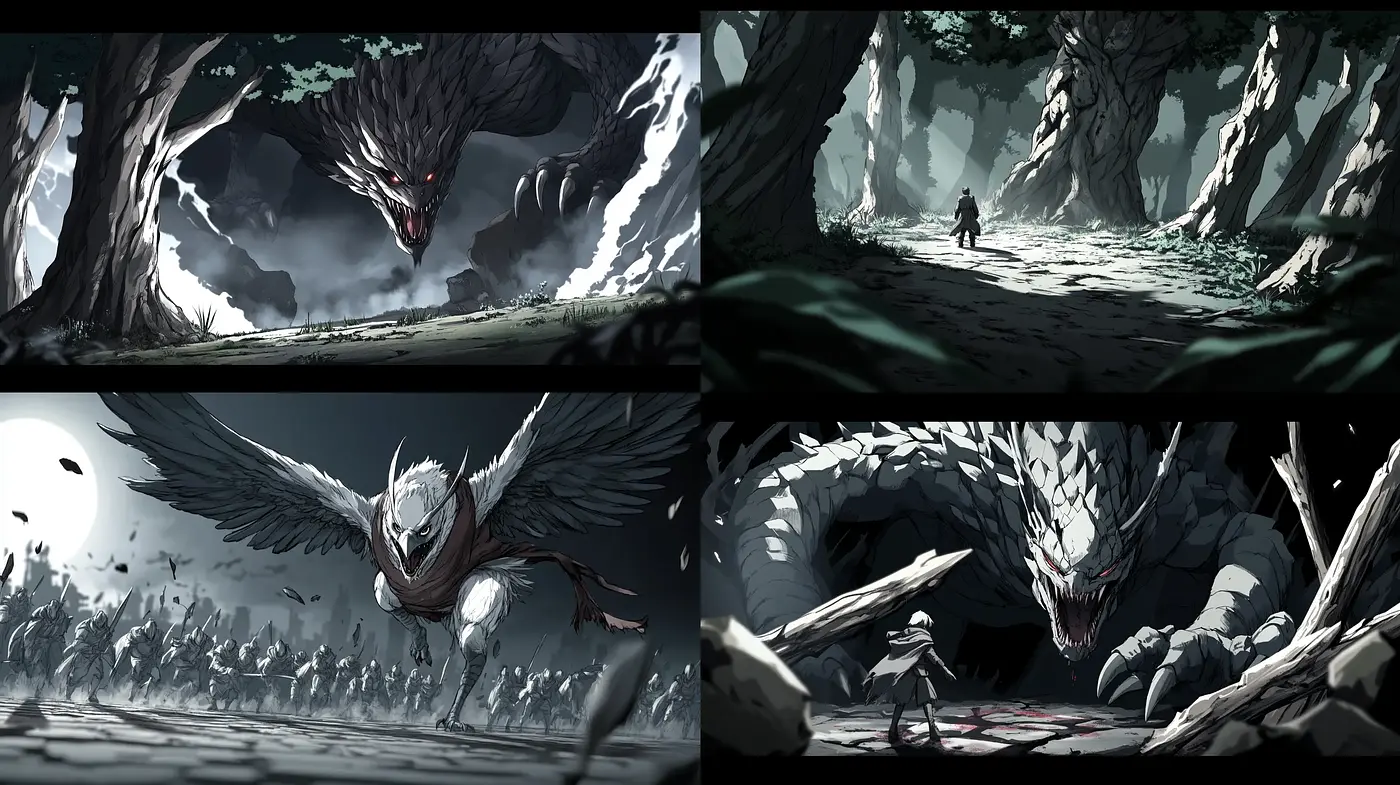 Monochrome Titans: Ethereal and Intense Anime-Inspired Digital Illustrations - Midjourney sref style