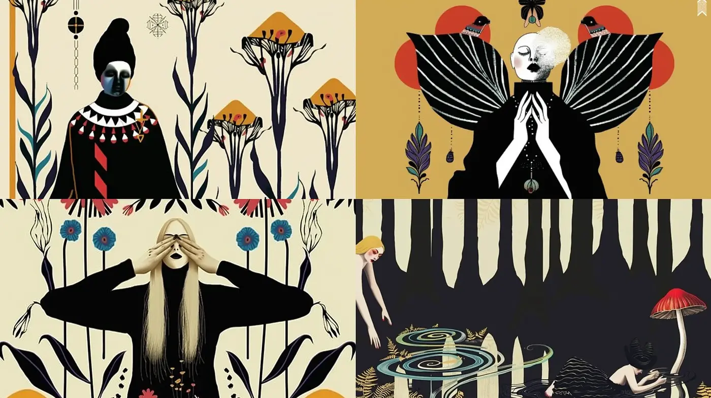 Mystical Symphony of Art Nouveau and Surreal Symbolism - Midjourney sref style