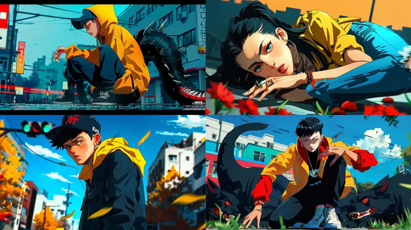 Vibrant Urban Aesthetic with Dynamic Character Depiction - Midjourney sref style