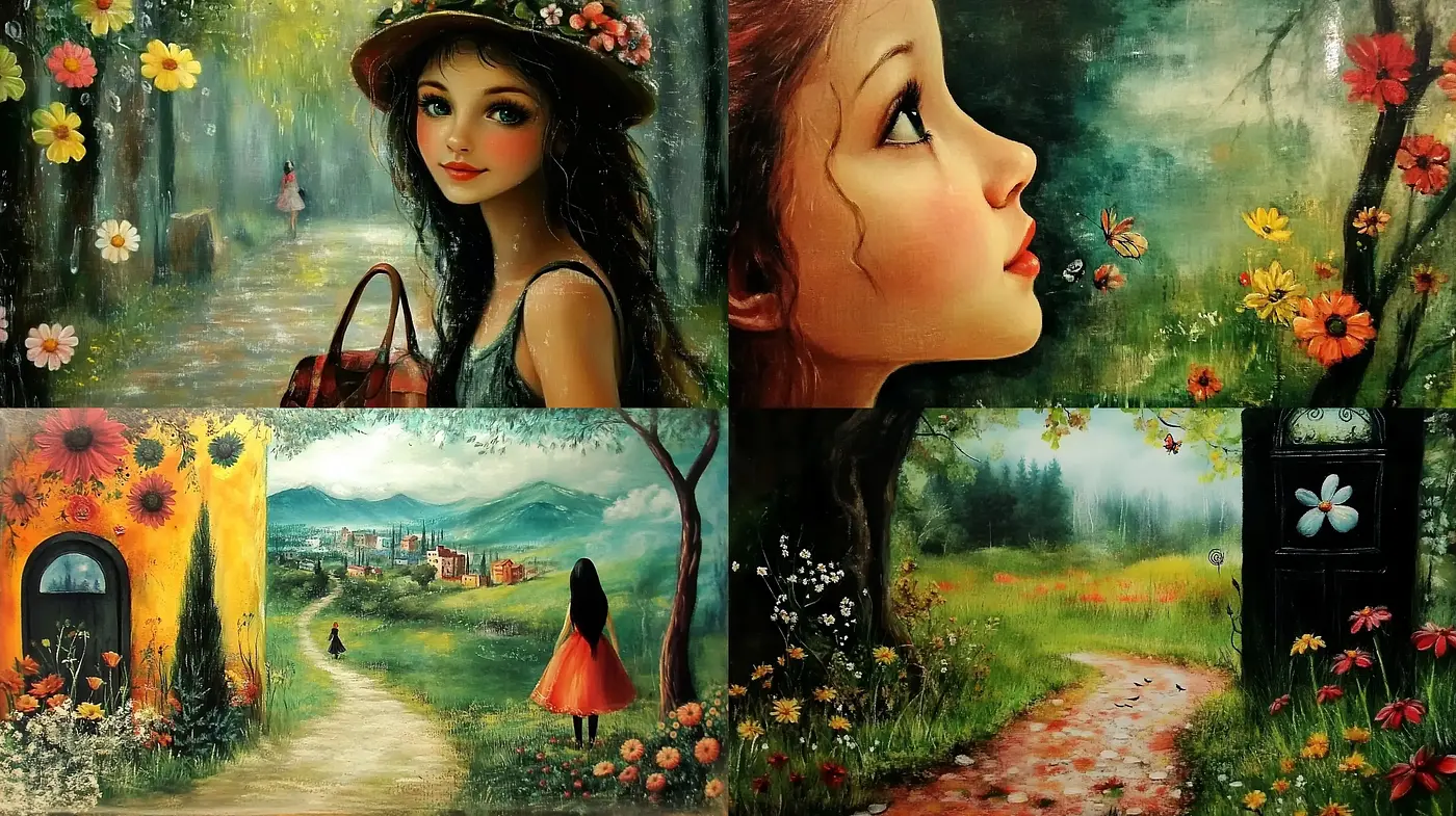 Enigmatic Garden Fantasy Rendered in Lush, Textured Brushwork - Midjourney sref style