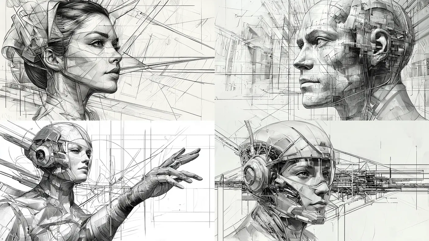 Futuristic Precision in Monochromatic Sketch - Midjourney sref style