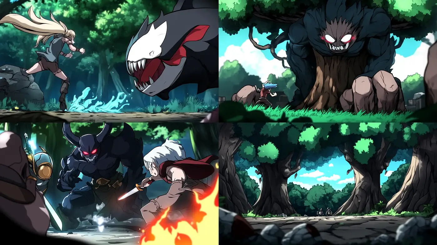 Spirited Action Scenes in Lush Environments Reflecting Dynamic Anime Influence - Midjourney sref style