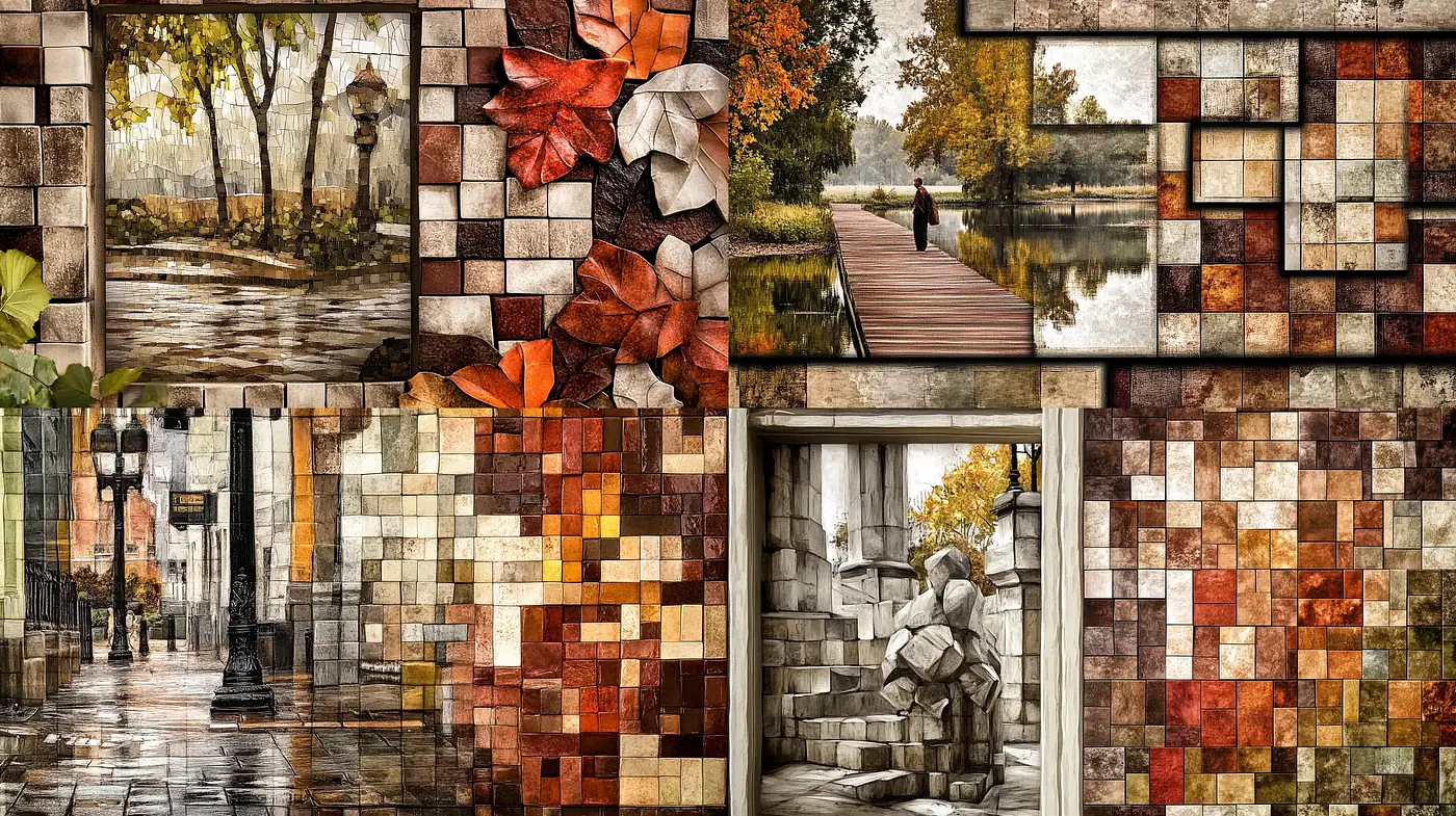 Mosaic Autumnal Medley: A Tapestry of Earthen Tones and Textured Memories - Midjourney sref style