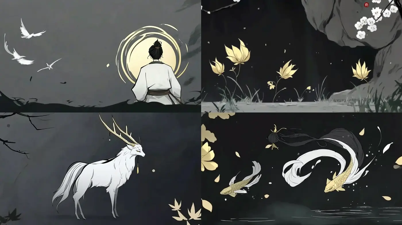 Ethereal Nocturnes with Golden Accents and Monochrome Backdrop - Midjourney sref style