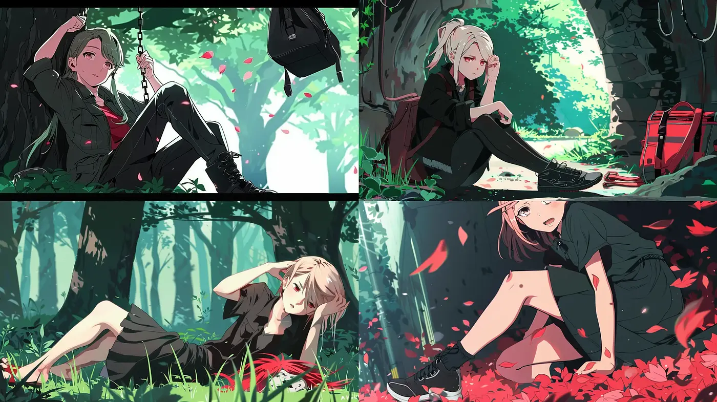 Lush Vivid Greens and Dynamic Reds in Anime-Style Renderings - Midjourney sref style