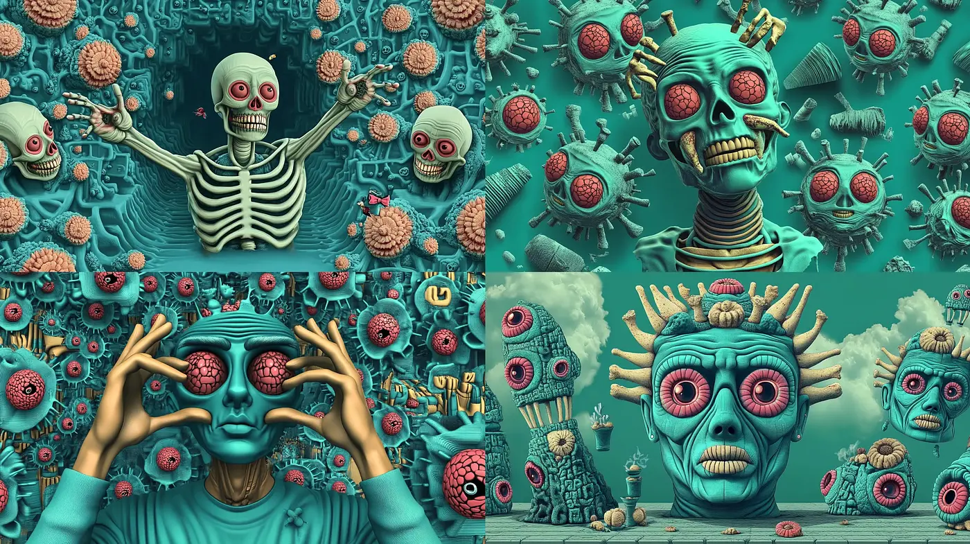 Surreal Macabre Dreamscape with Muted Teal and Foreboding Overtones - Midjourney sref style
