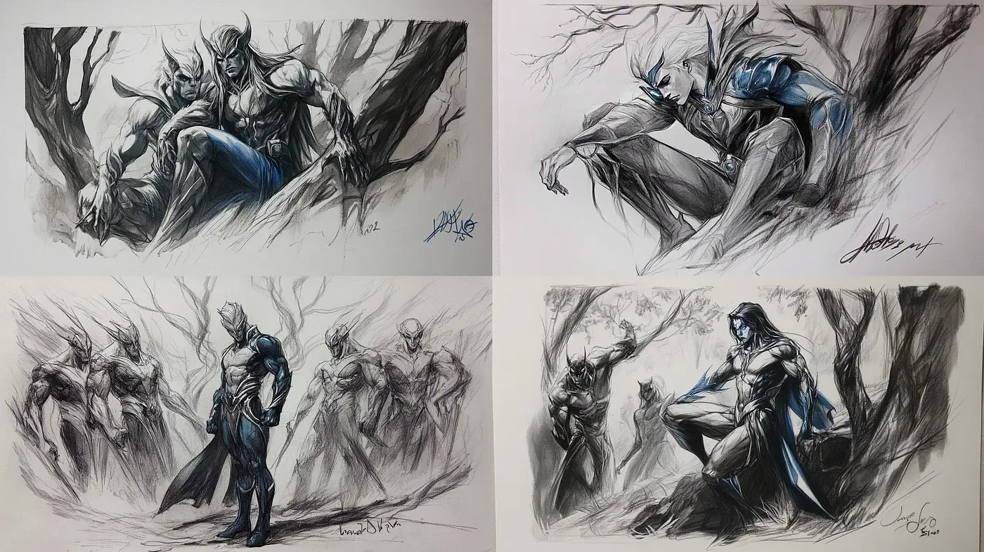 Monochromatic Dynamic Superhero Sketches - Midjourney sref style
