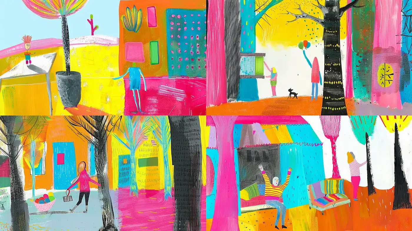 Vibrant and Whimsical Illustrated Environments with a Playful Aesthetic - Midjourney sref style