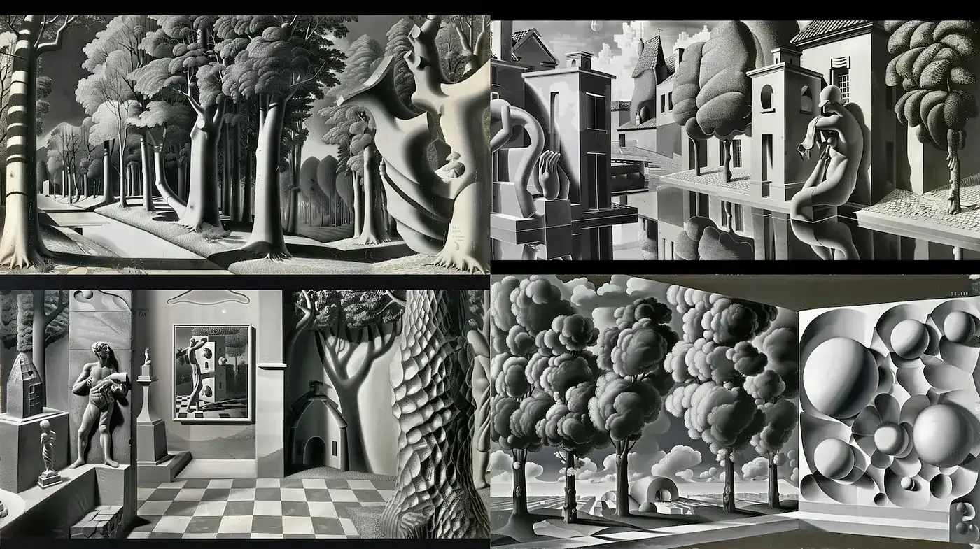 Surreal monochrome landscapes with sculptural elements and geometric shapes - Midjourney sref style