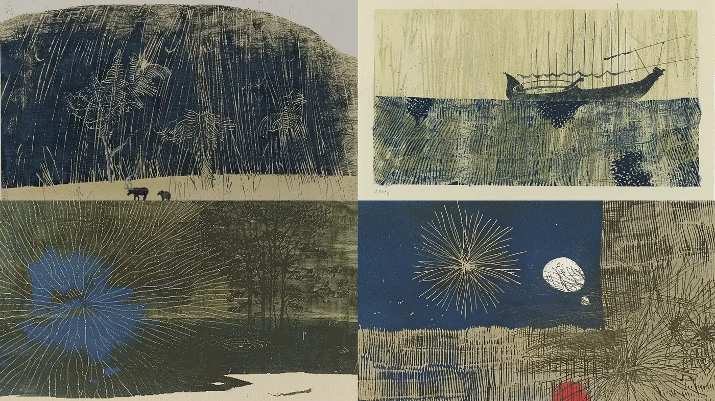 Textured Etching in Monochromatic Tones with Pops of Blue and Red - Midjourney sref style