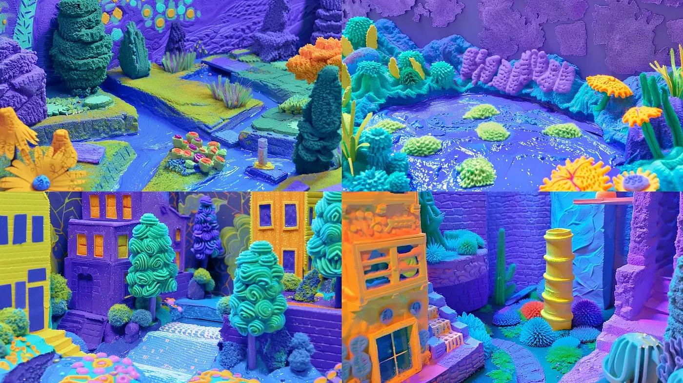 Vibrant and whimsical landscapes with playful textures and surreal colors - Midjourney sref style