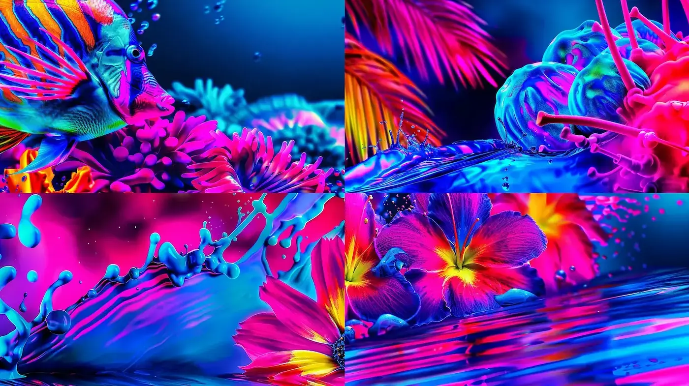 Vibrant and Luminous Tropical Aesthetic with Fluid Dynamics - Midjourney sref style