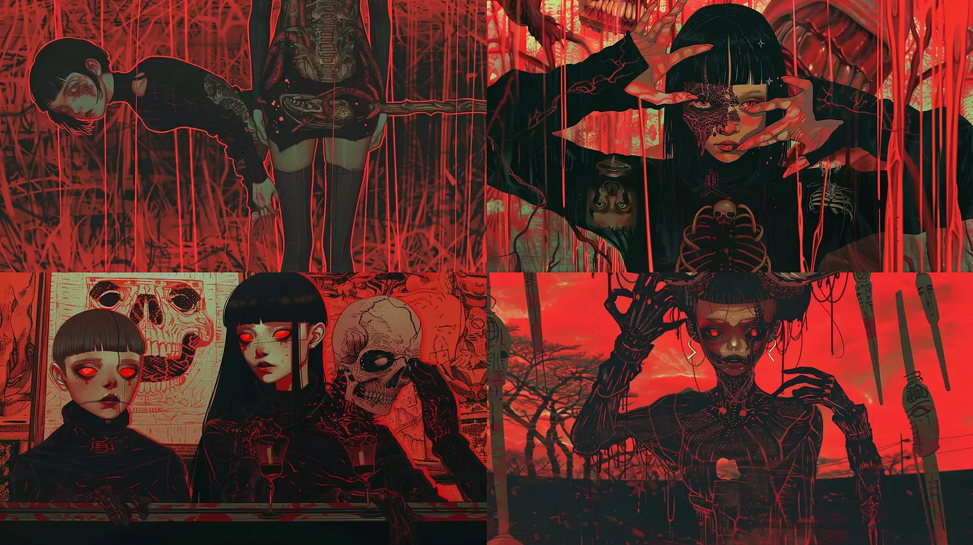 Eerie Crimson Shadowlands: A Consistent Journey through Distorted Forms and Monochrome Hues - Midjourney sref style