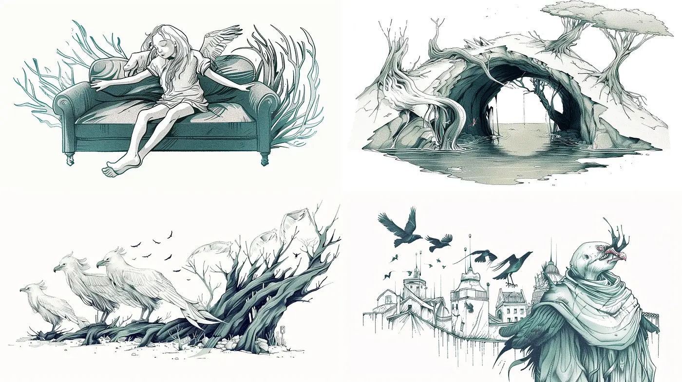 Ethereal Whimsy: A Fusion of Dreamlike Surrealism and Delicate Ink Wash - Midjourney sref style
