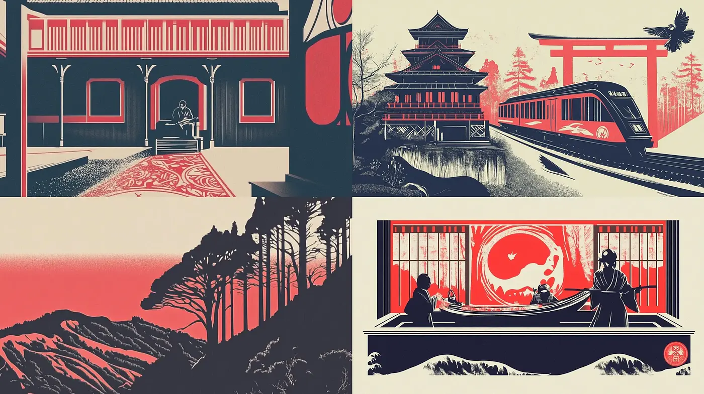 Crimson Silhouette: Evocative Blend of Traditional Japanese Ukiyo-e and Modern Minimalism - Midjourney sref style