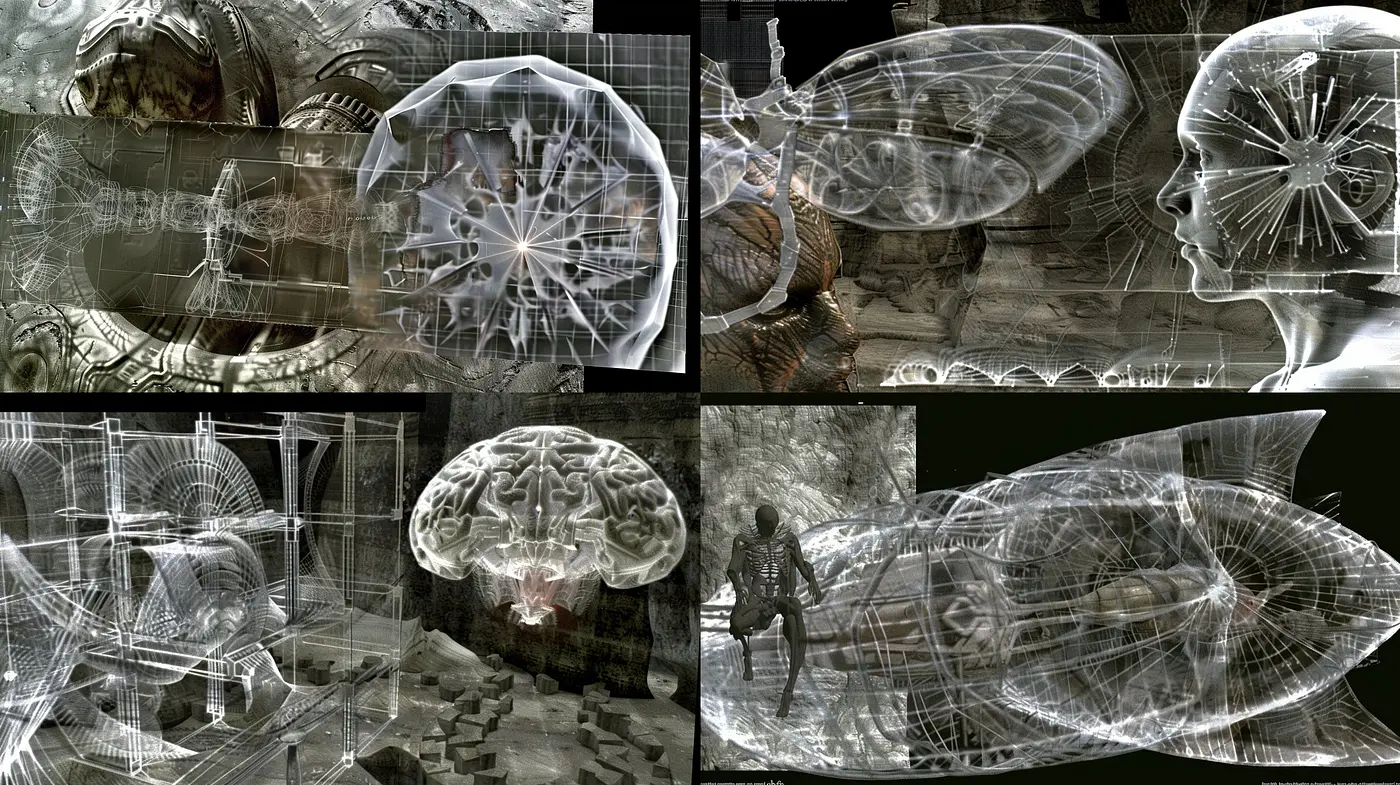 Ethereal Constructs of the Mechanical Mind: A Fusion of Blueprint Precision and Organic Chaos - Midjourney sref style