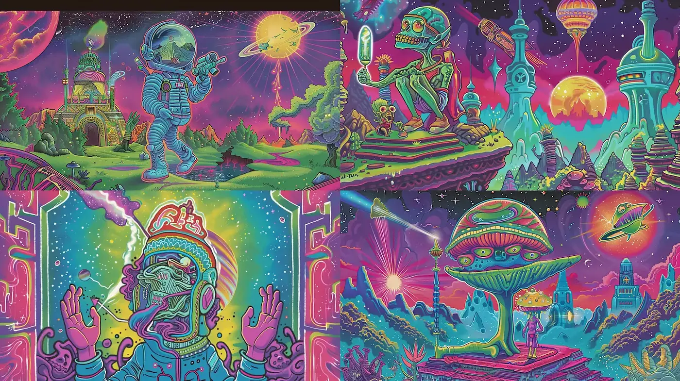 Vibrant Retro-Futuristic Cosmic Landscapes with Surreal Elements - Midjourney sref style