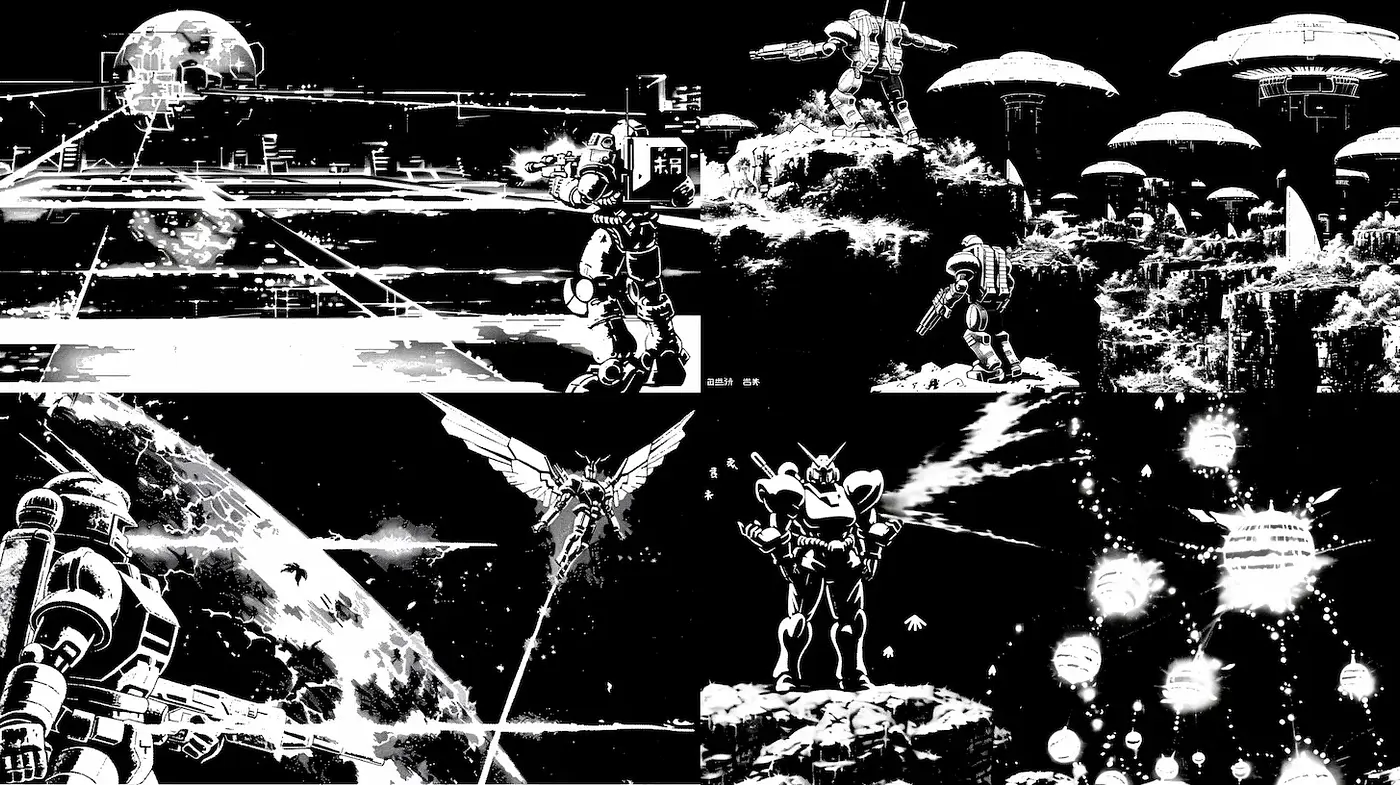 Futuristic monochrome sci-fi scene with dynamic action and intricate details - Midjourney sref style