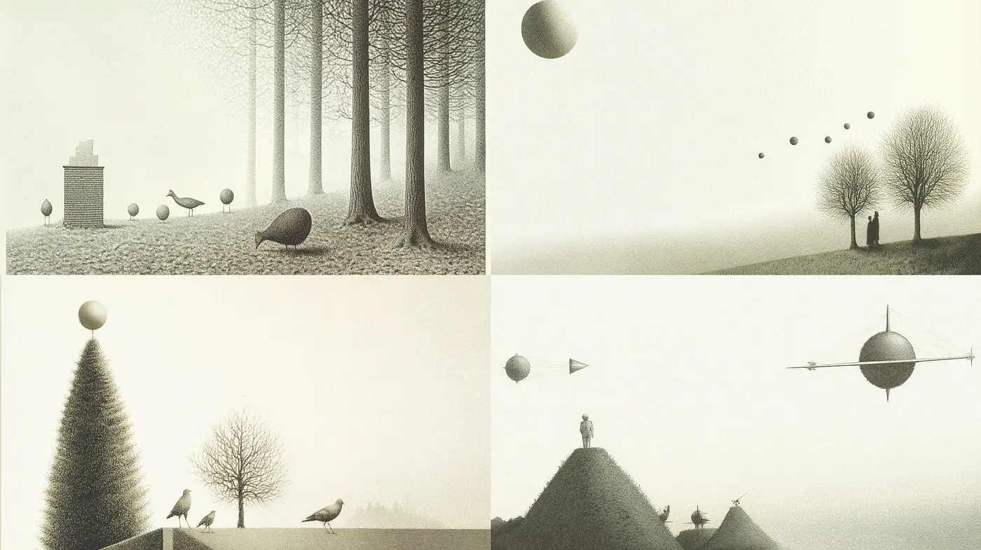 Ethereal Monochromatic Dreamscape with Surrealist Overtones - Midjourney sref style