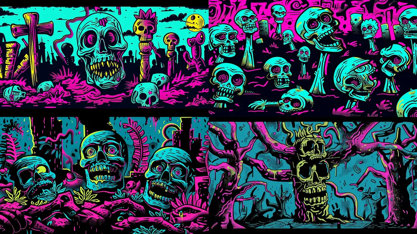 Vibrant Skull Art with Cartoonish Gothic Elements - Midjourney sref style