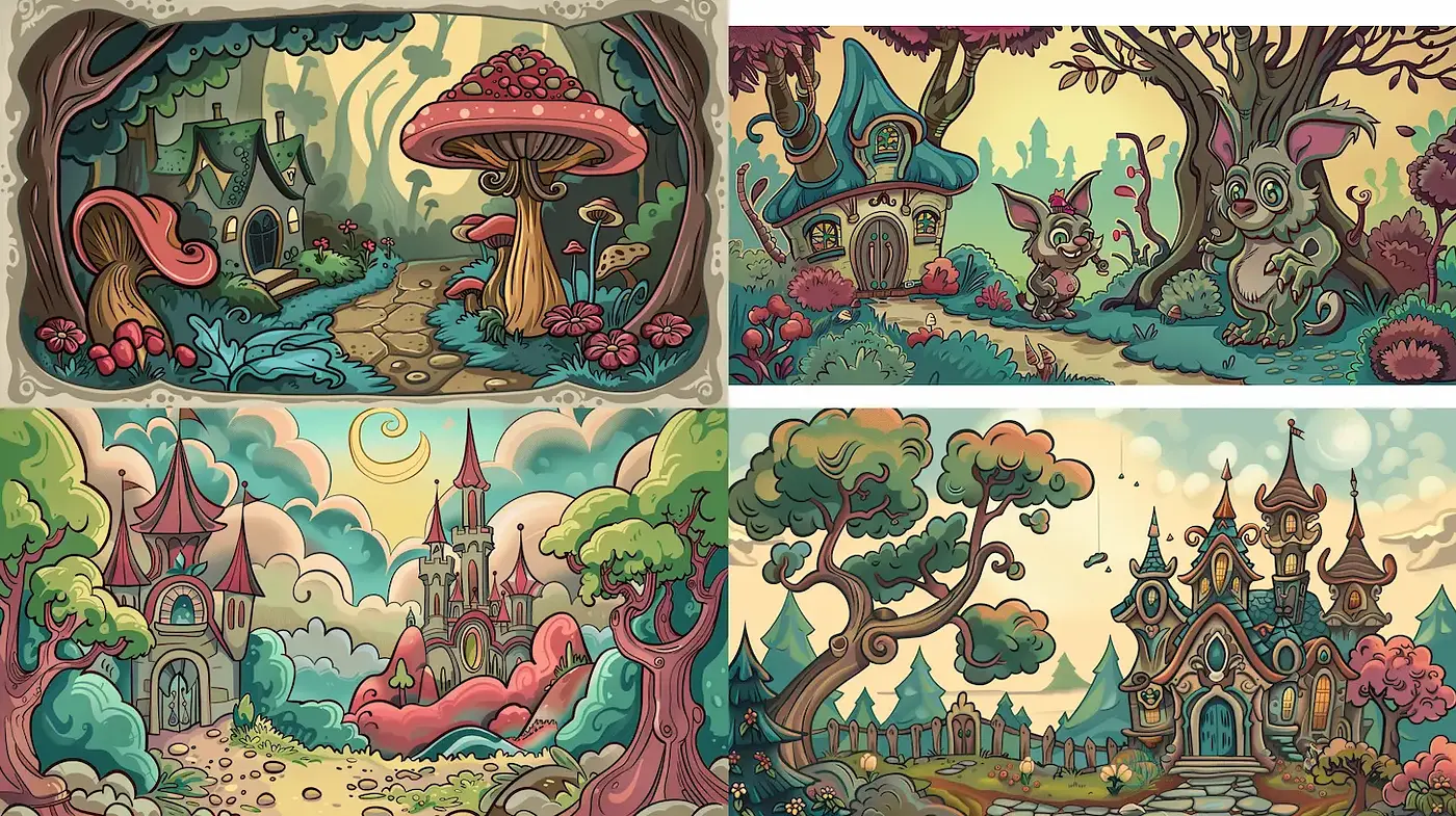 Whimsical Fantasy Landscapes with Cartoonish Elements - Midjourney sref style
