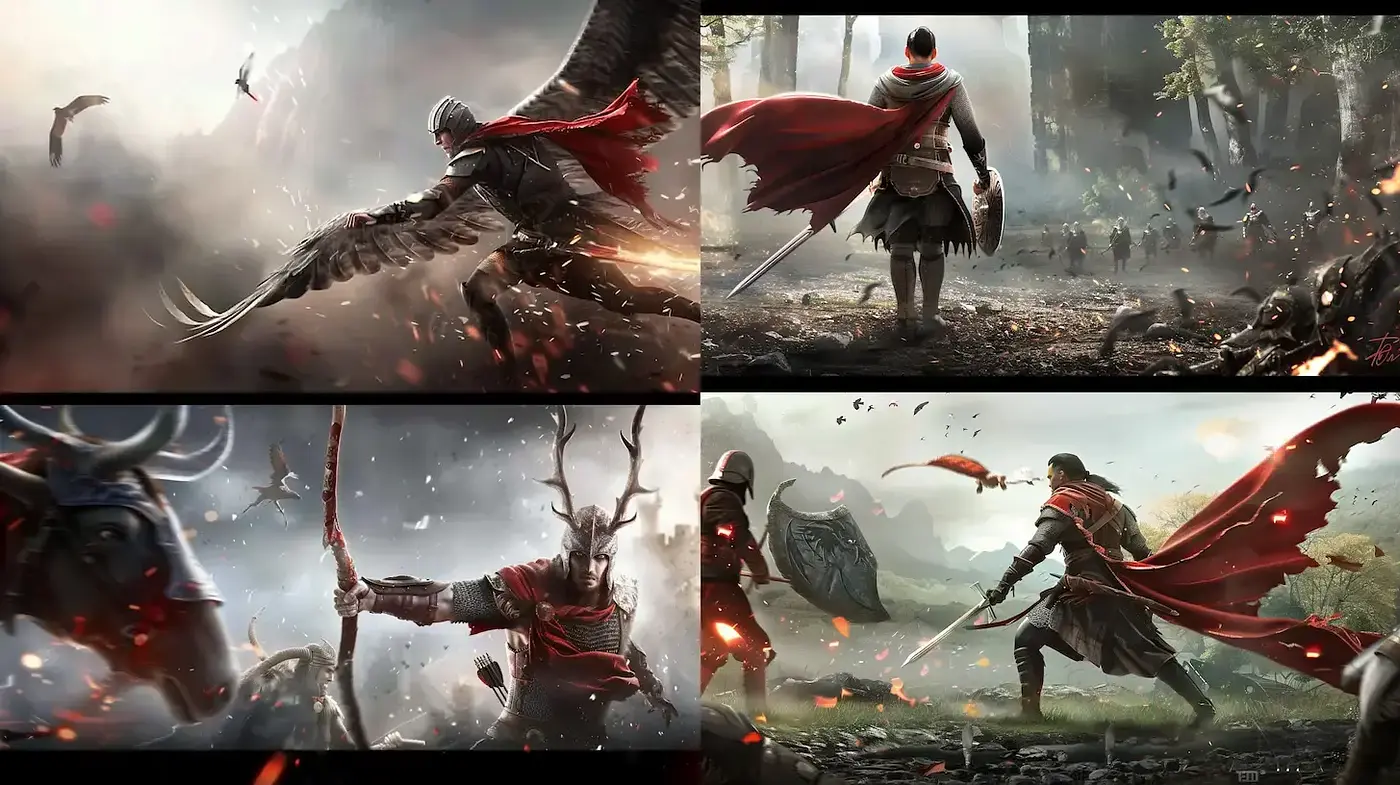 Epic Cinematic Tableaus with Dramatic Battles - Midjourney sref style