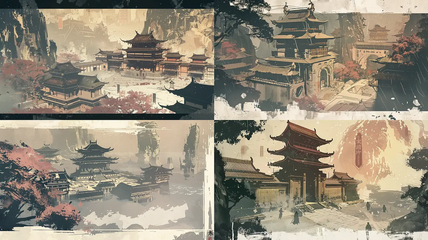Ethereal Asian Landscape Interpretations in Sepia Tones - Midjourney sref style