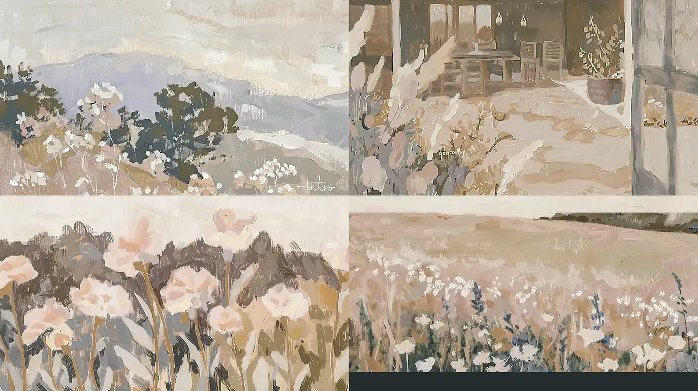 Serene Floral Landscapes with Impressionistic Softness and Earthy Tones - Midjourney sref style