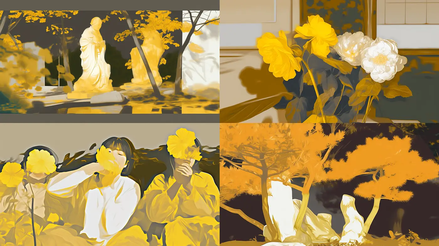 Golden Hues and Dreamlike Simplicity: A Study in Monochromatic Warmth and Serene Compositions - Midjourney sref style
