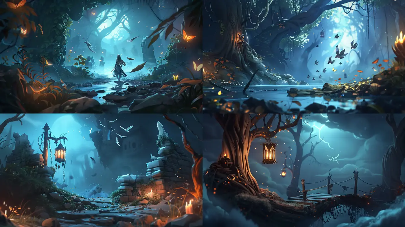 Enchanted Twilight Forests: A Melding of Ethereal Light and Shadow - Midjourney sref style