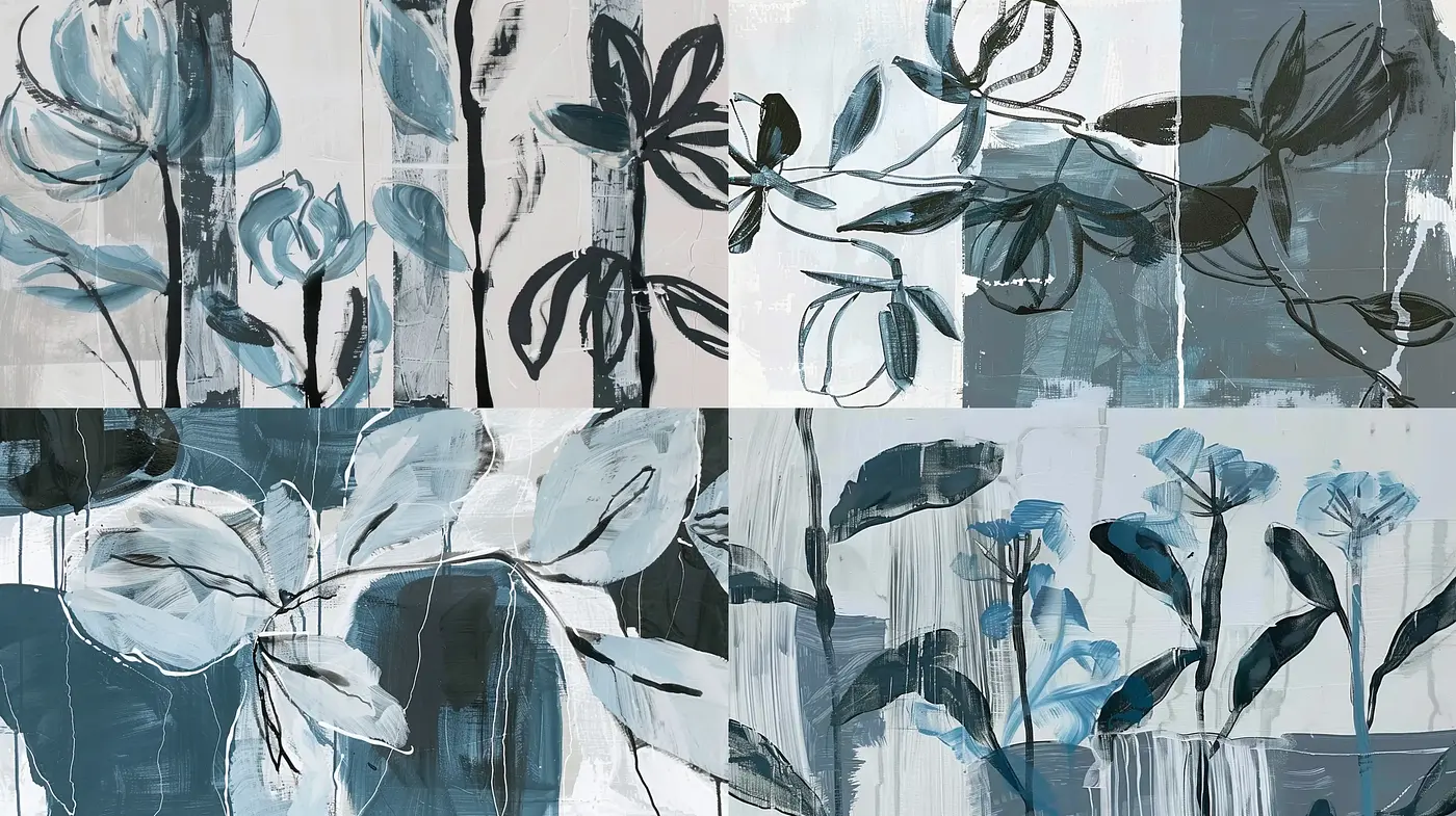 Abstract Flora in Monochrome with Teal Highlights - Midjourney sref style