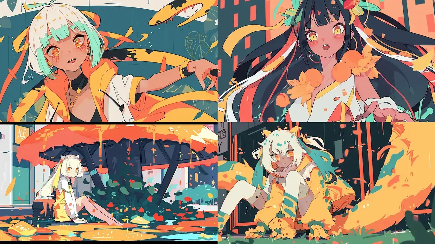 Vibrant Urban Fantasy with Playful Characters and Dynamic Color Interactions - Midjourney sref style