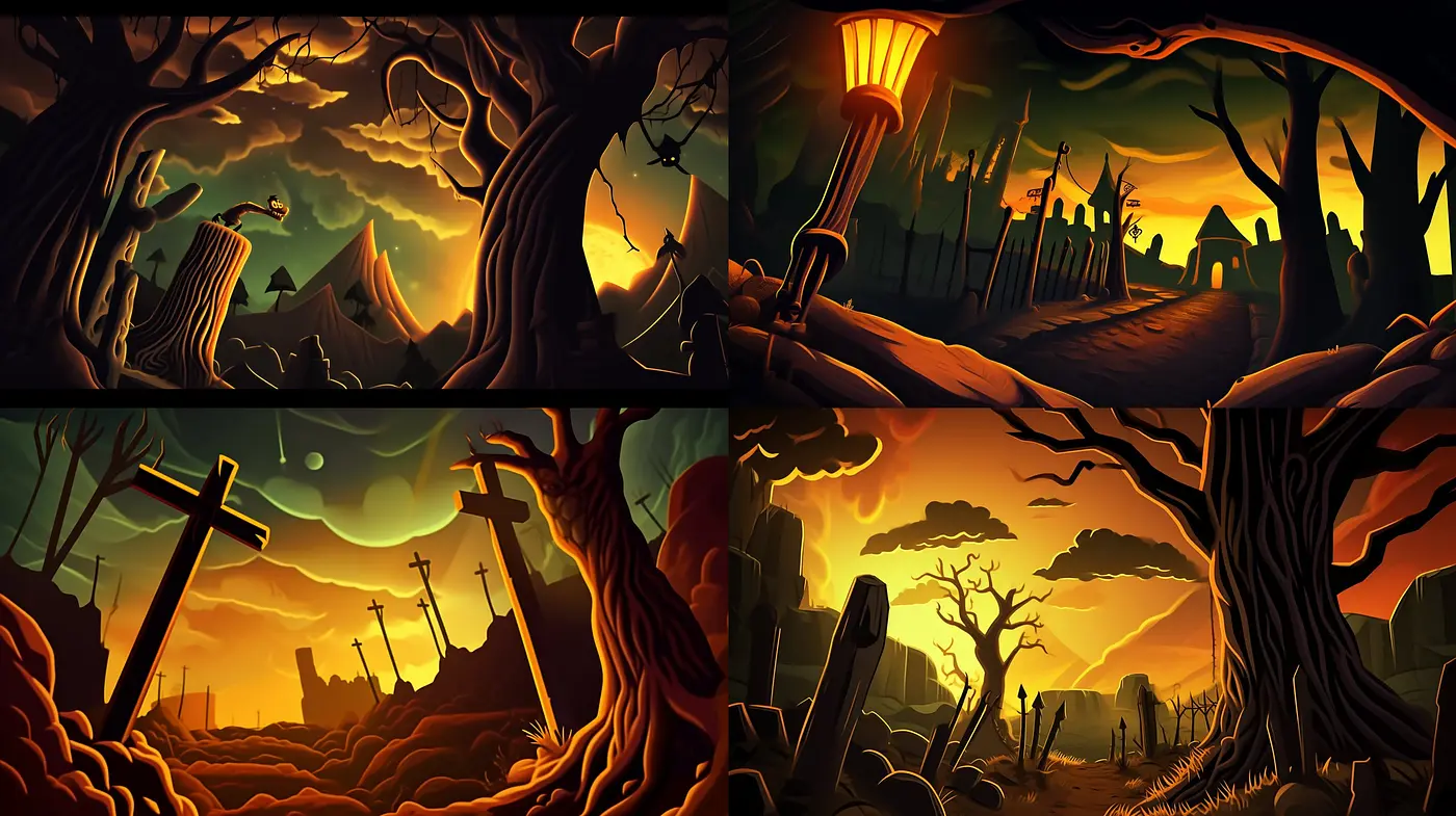 Dusky Gothic Silhouettes Evoking Macabre Elegance Across Stylized Landscapes - Midjourney sref style
