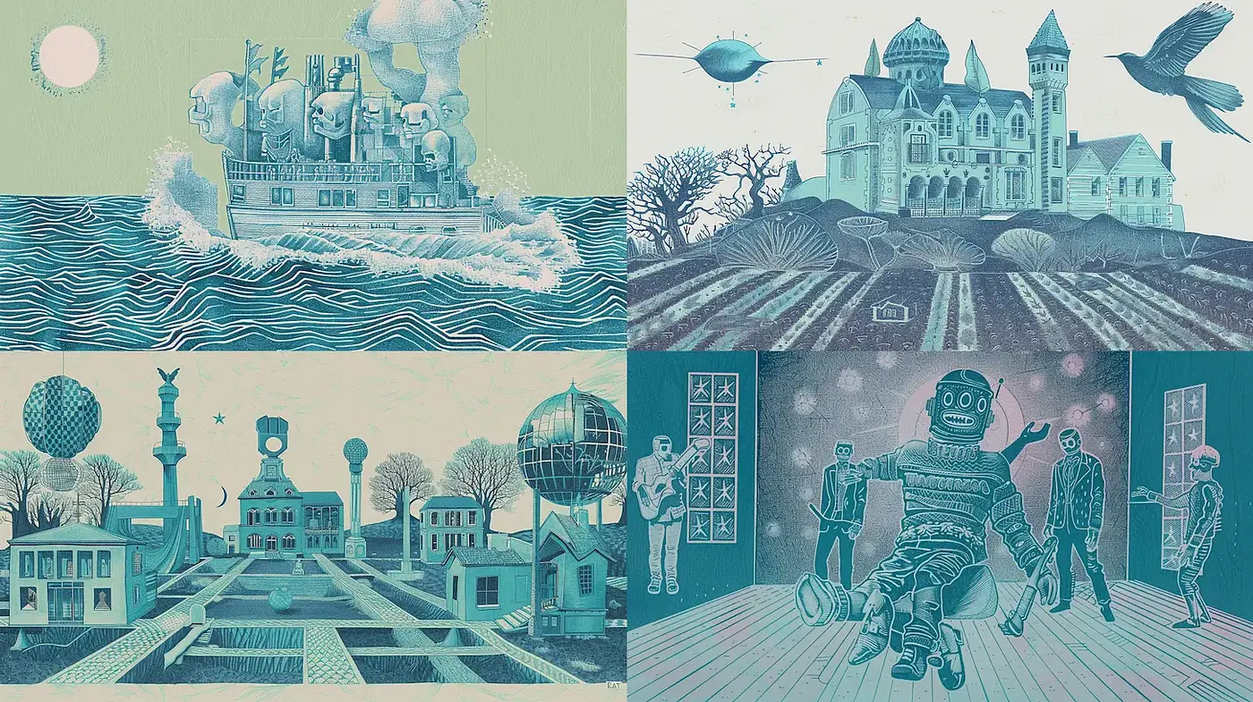 Surreal Vintage Science Fiction Aesthetic with a Cohesive Palette - Midjourney sref style