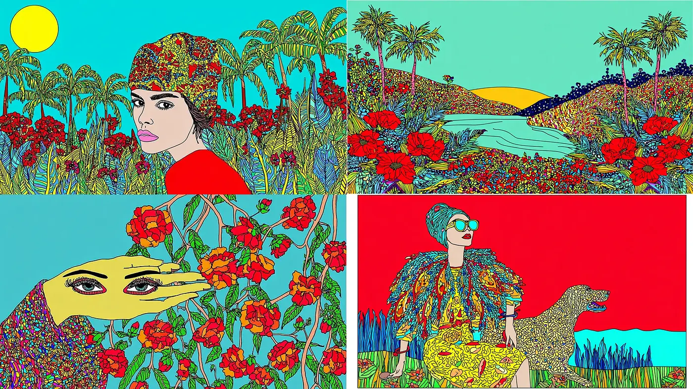 Vibrant and Floral Inspired Retro Art with Surrealist Influences - Midjourney sref style