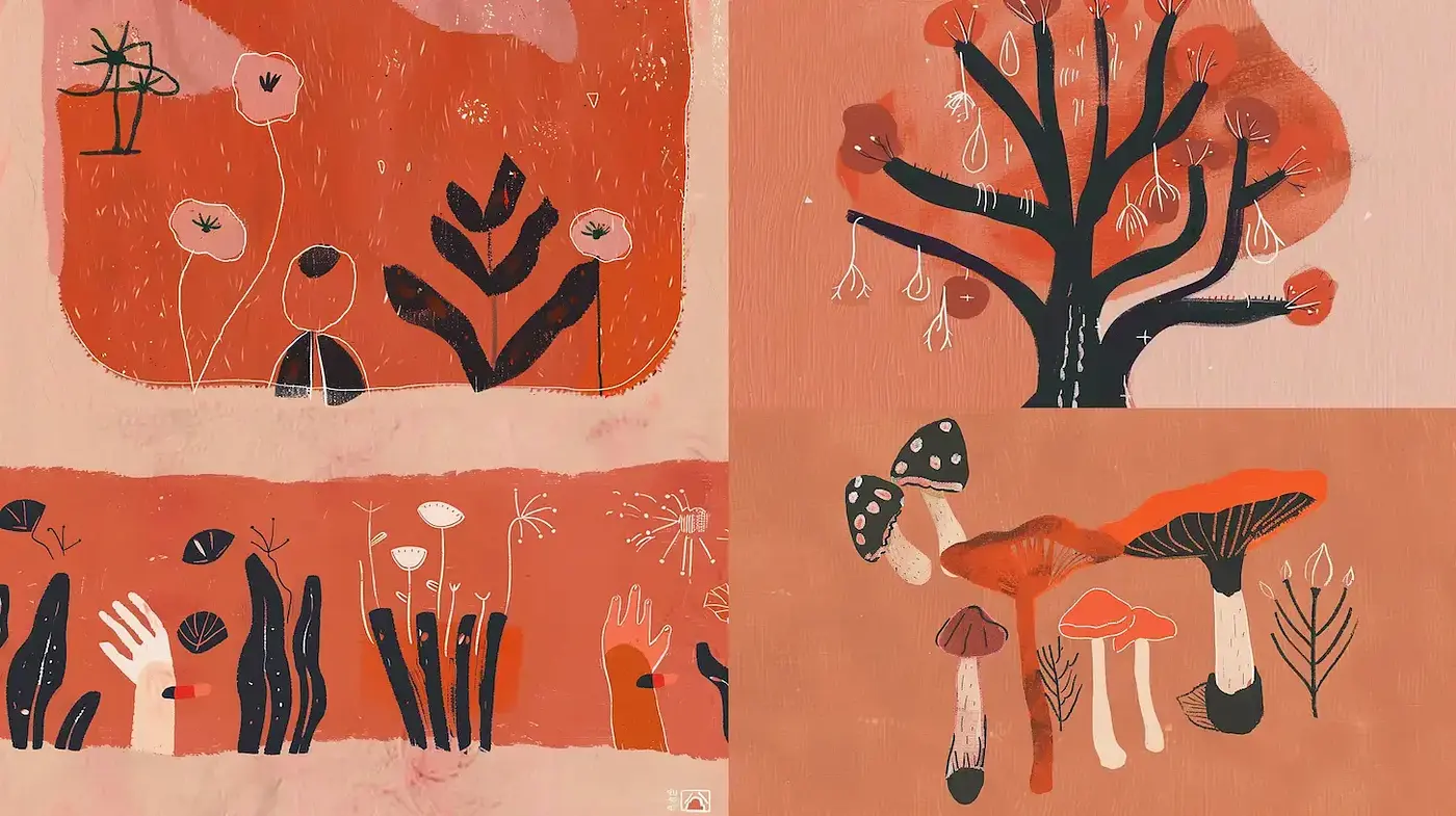 Whimsical and Earthy Illustrations with a Harmonious Palette - Midjourney sref style
