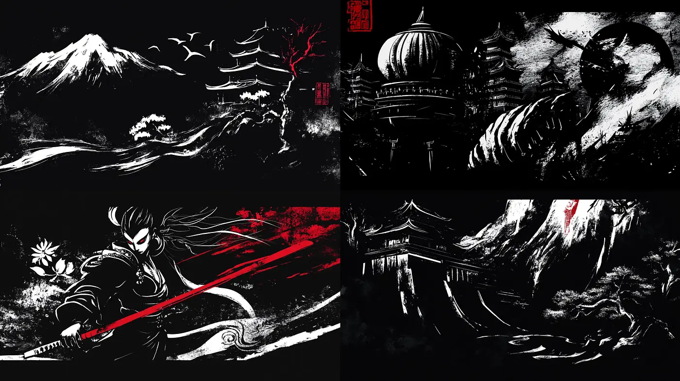 Monochrome Elegance with a Splash of Crimson: A Homage to Traditional Japanese Ink Wash Paintings - Midjourney sref style