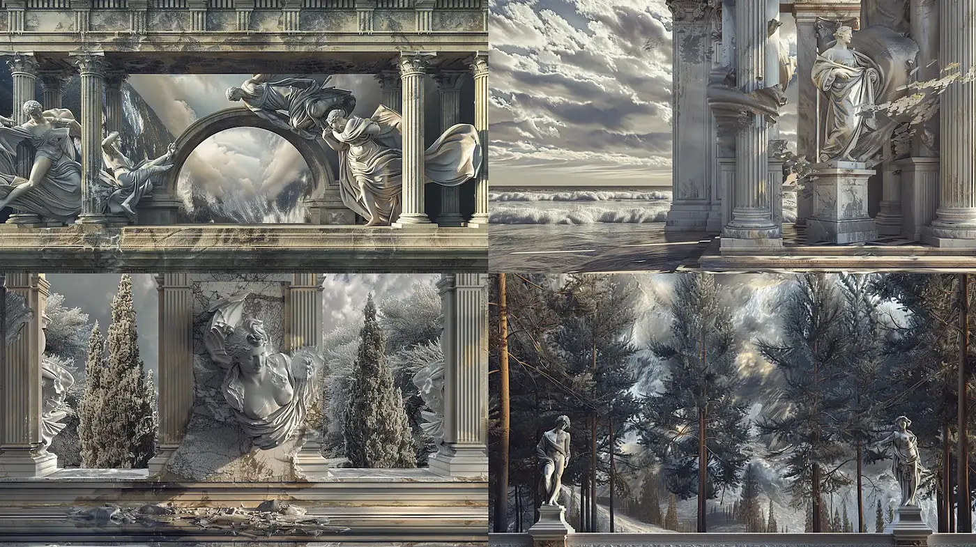 Elegant marble architecture with ethereal landscapes - Midjourney sref style