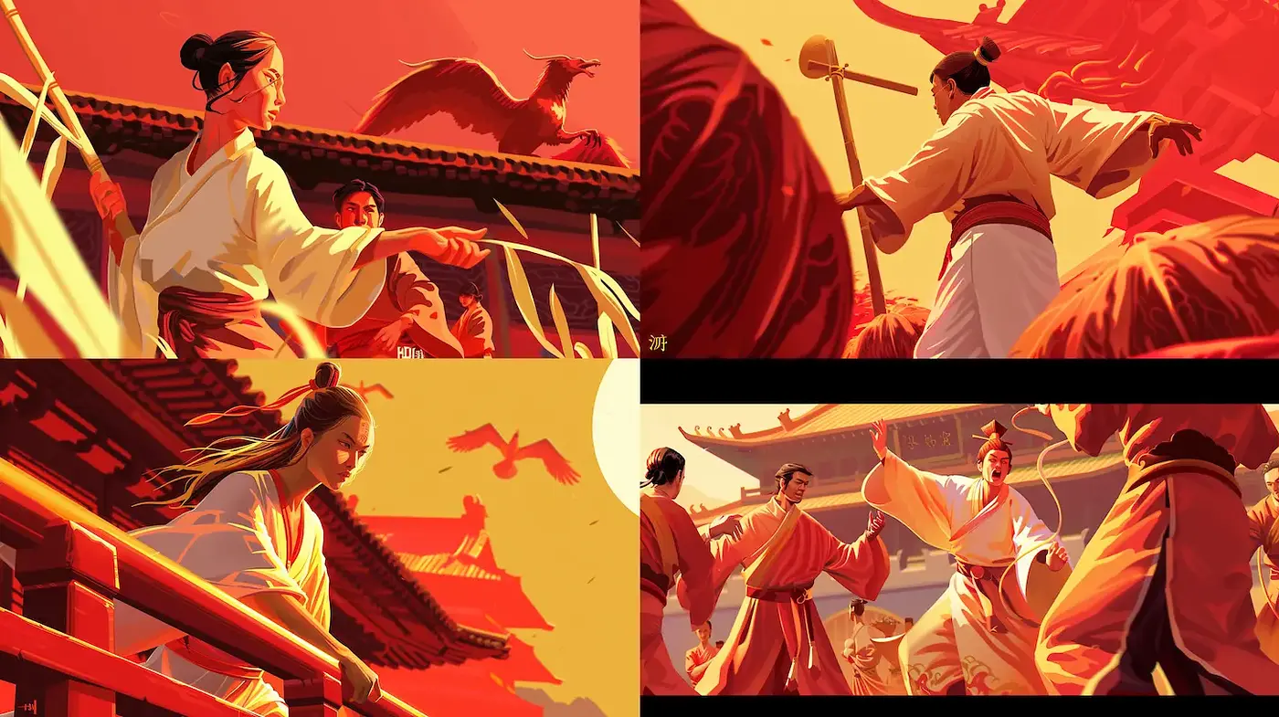 Dynamic and Vibrant Narrative Art with Eastern Influences - Midjourney sref style