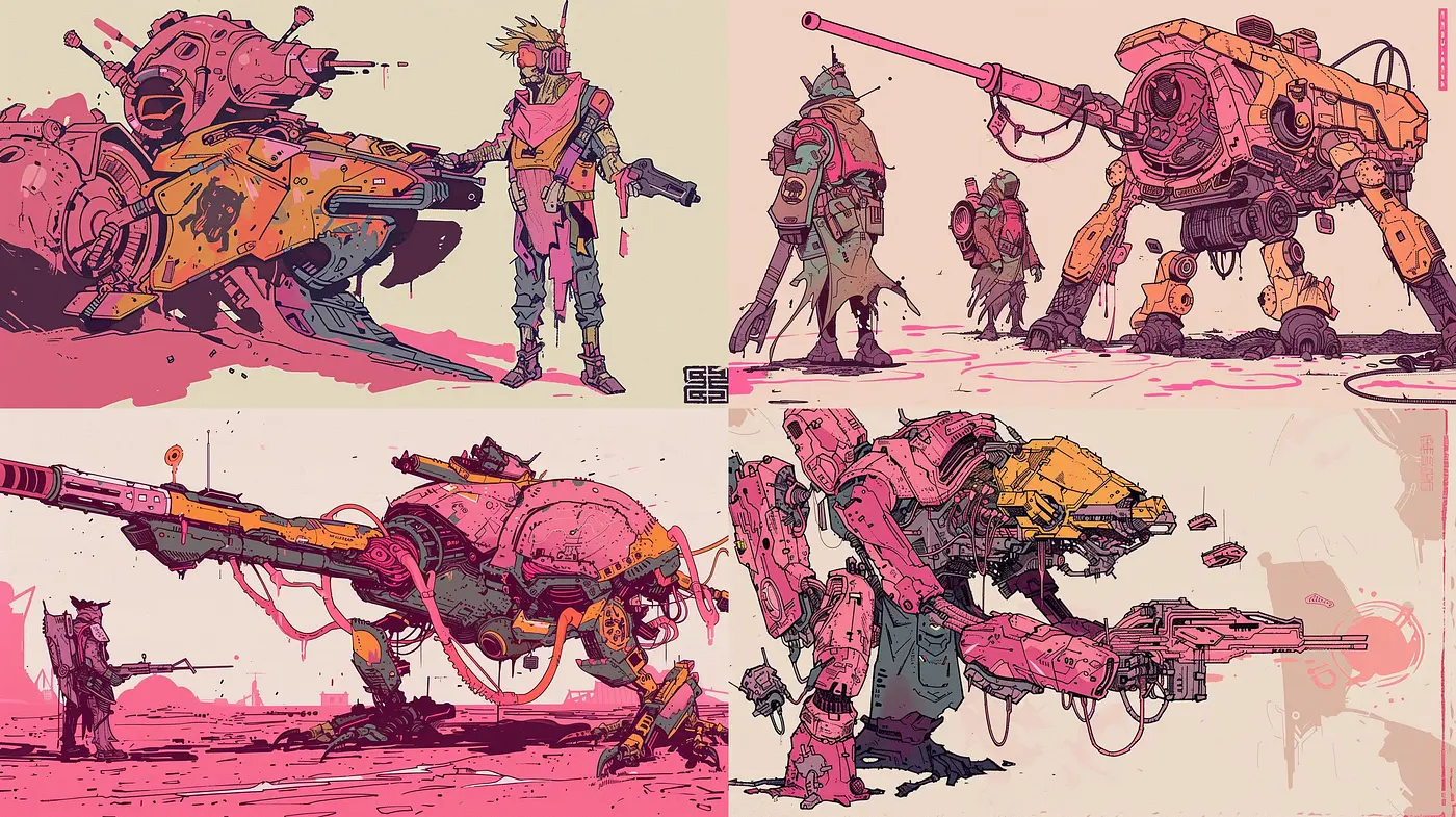 Retrofuturistic Dystopia: A Cohesive Blend of Pastel Tones and Mechanical Melancholy - Midjourney sref style
