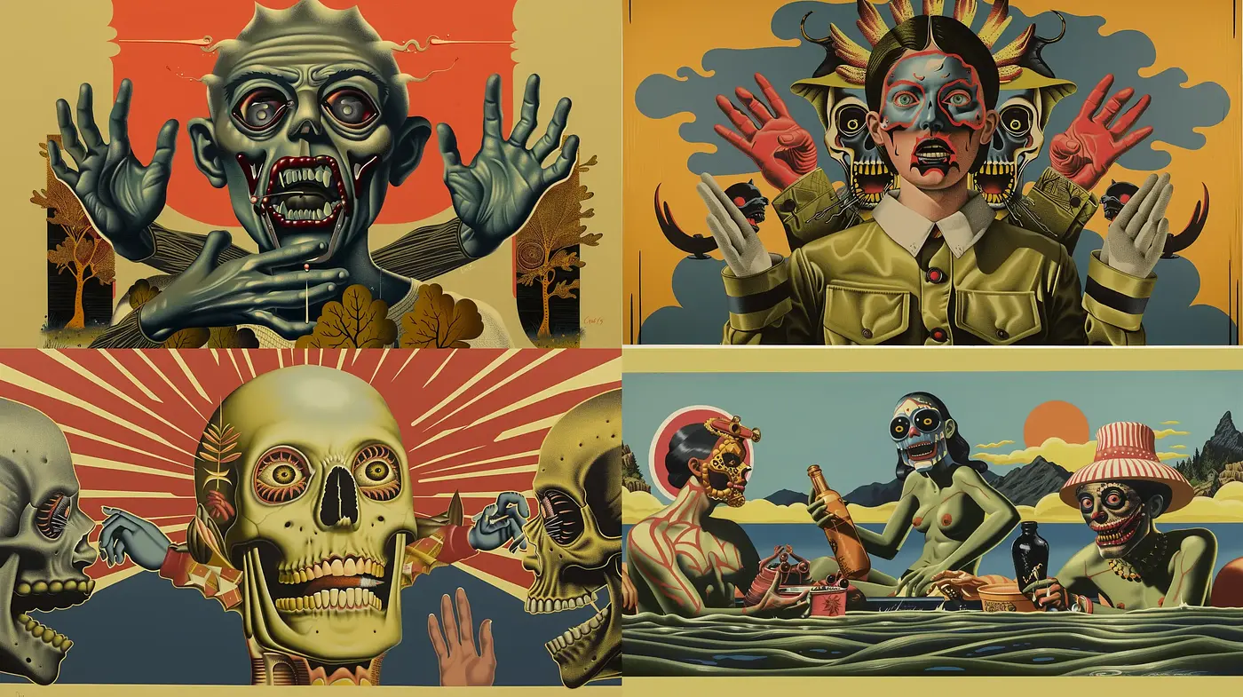 Eclectic Fusion of Retro Comic Book and Surrealist Imagery - Midjourney sref style