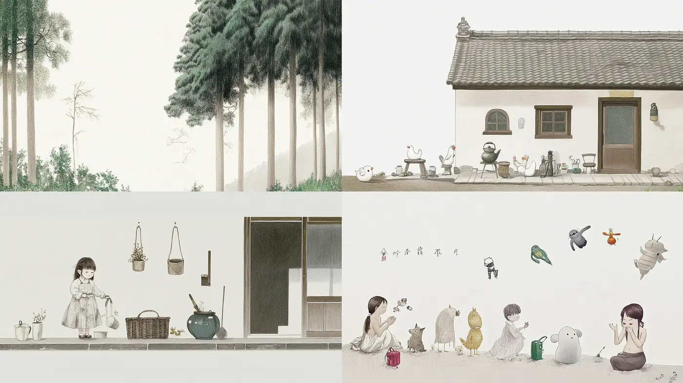Serene Storybook Illustration in Contemporary East Asian Watercolor - Midjourney sref style