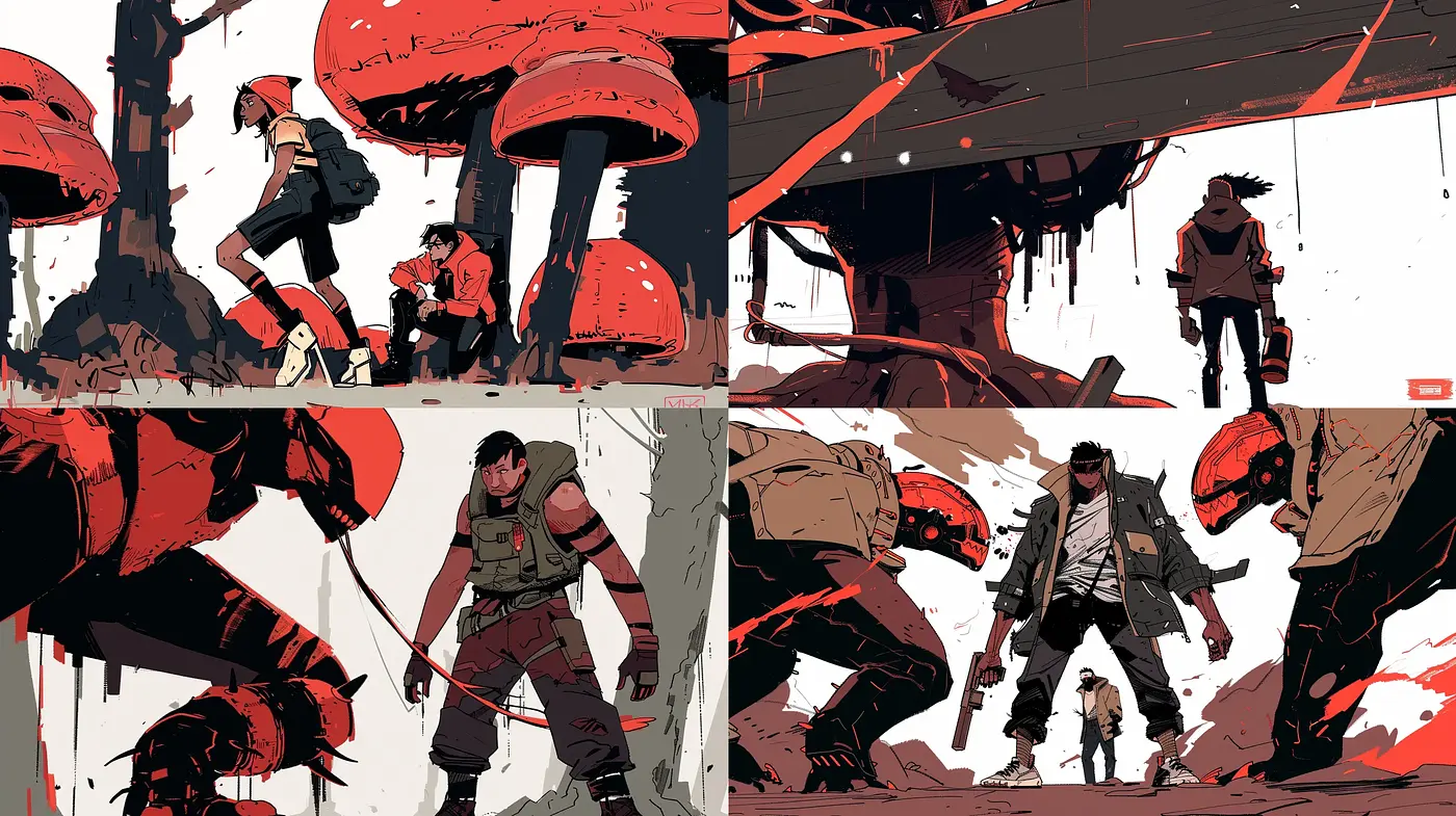 Stark Contrast and Dynamic Post-Apocalyptic Illustration - Midjourney sref style