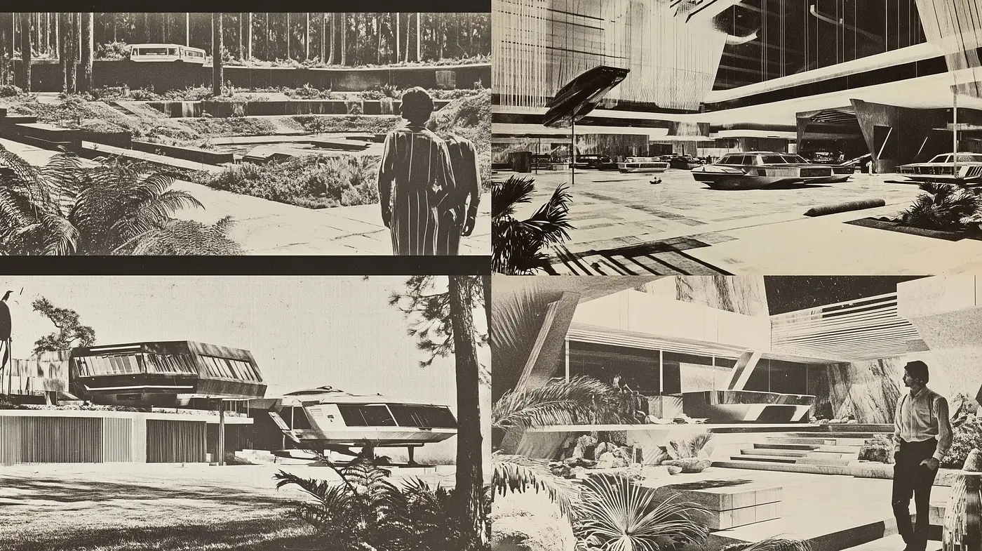 Retrofuturistic Echoes in Monochrome - Midjourney sref style