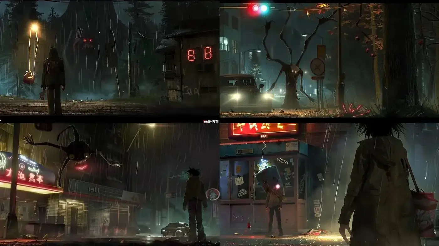 Moody, atmospheric nighttime scenes inspired by urban environments - Midjourney sref style