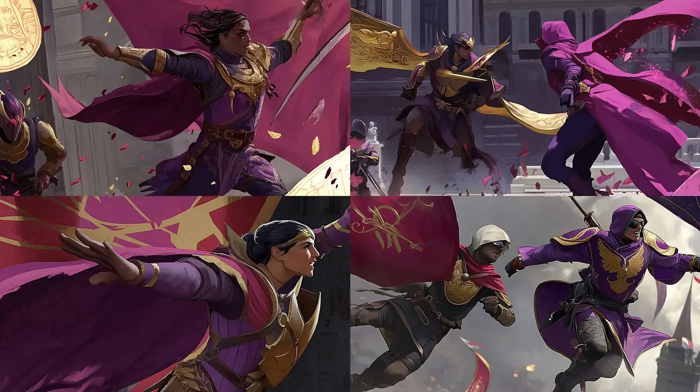 Dynamic Elegance in Muted Majesty: A Homage to Action-Filled Tableau - Midjourney sref style