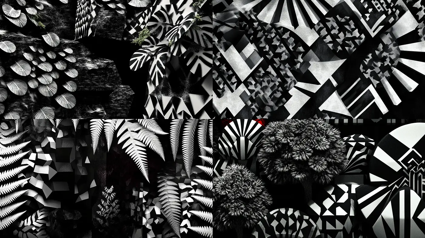Monochromatic Geometric Botanical Fusion - Midjourney sref style