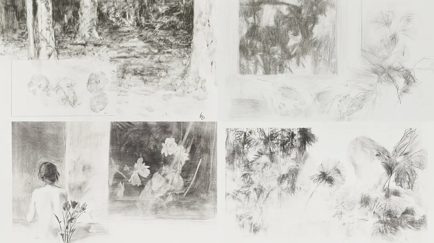 Monochromatic Sketchbook Impressions - Midjourney sref style